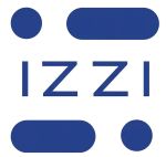 IZZI logo with blue text and geometric shapes on white background.